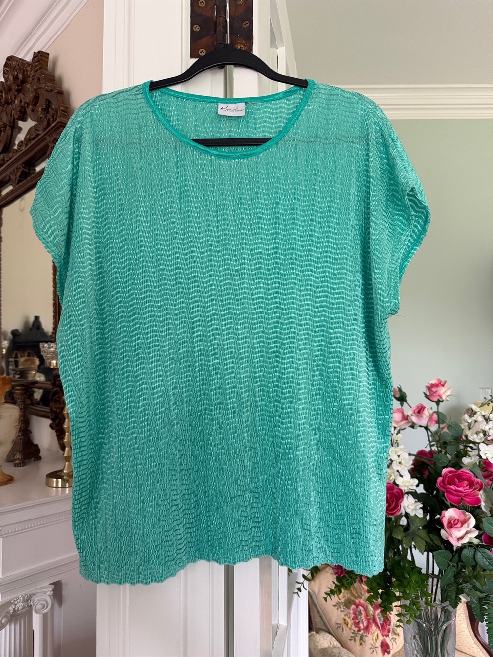 Kim Rogers Aqua Short Sleeve Knit Top, size XL
